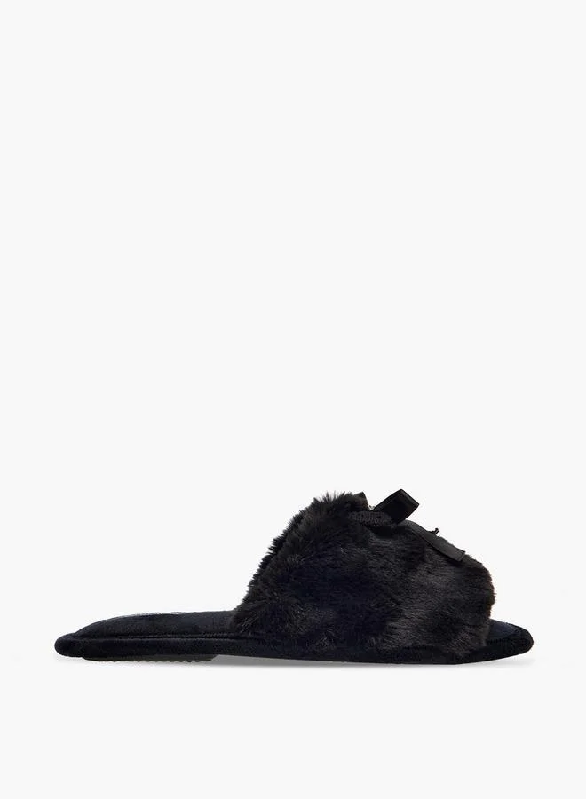 Le Confort Faux Fur Textured Bedroom Slippers with Bow Accent